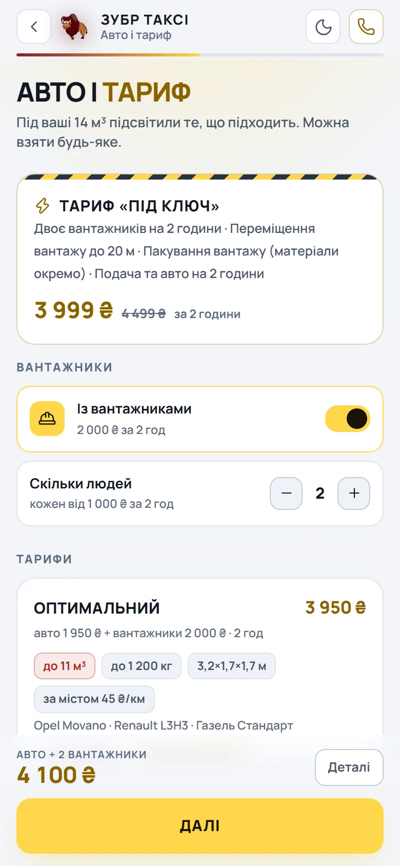 Vehicle and tariff selection with live price in the ZUBR TAXI Mini App